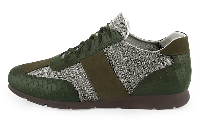 Forest green and ash grey two-tone dress sneakers for men. Round toe. Flat rubber soles. Profile view - Florence KOOIJMAN